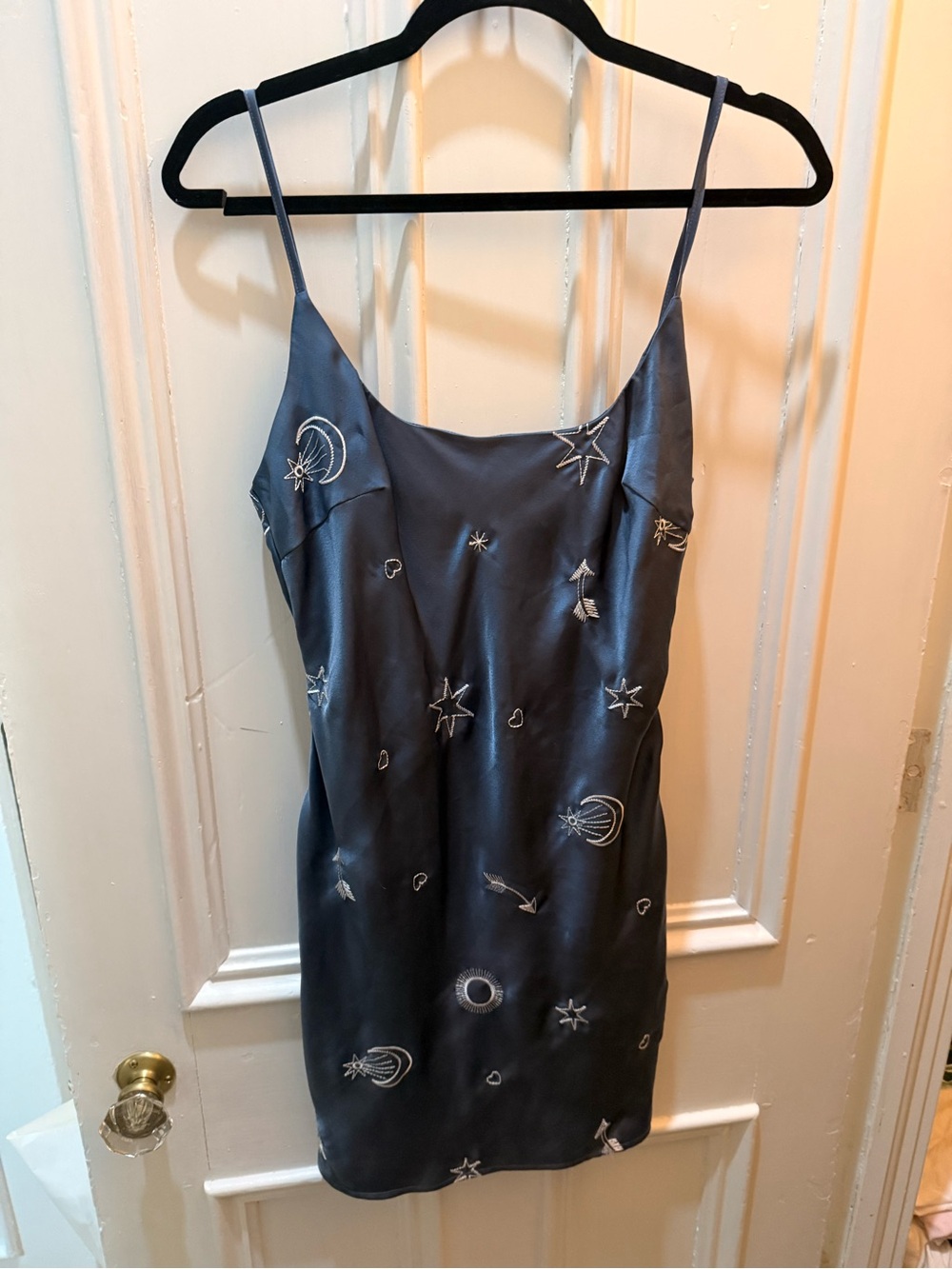 Le Lis Slate Blue Celestial Embroidered Slip Dress